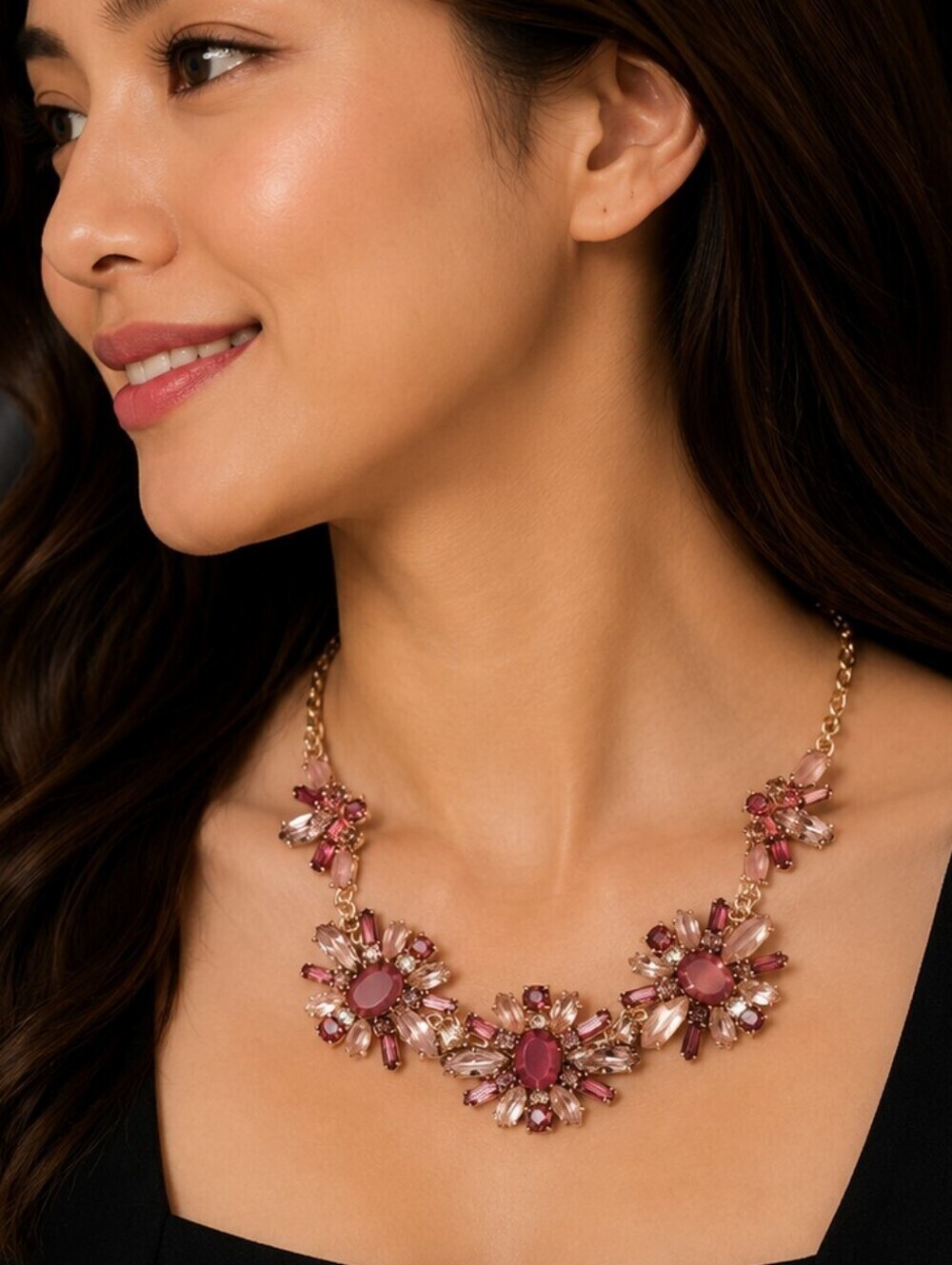 VTG 1990s Pink Floral Rhinestone Formal Bridal Chain Necklace